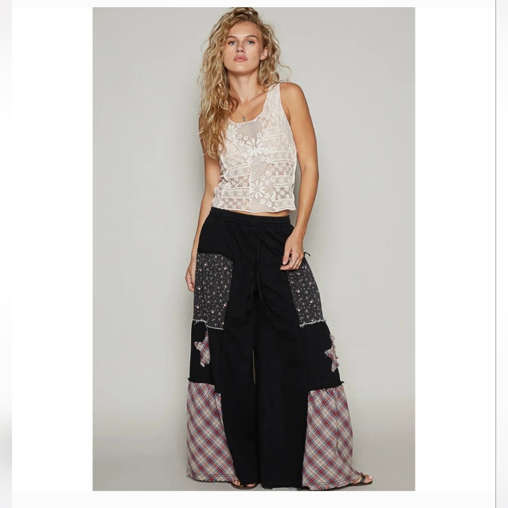 POL Drawstring Star Patch Contrast Wide Leg Pants New Size Medium